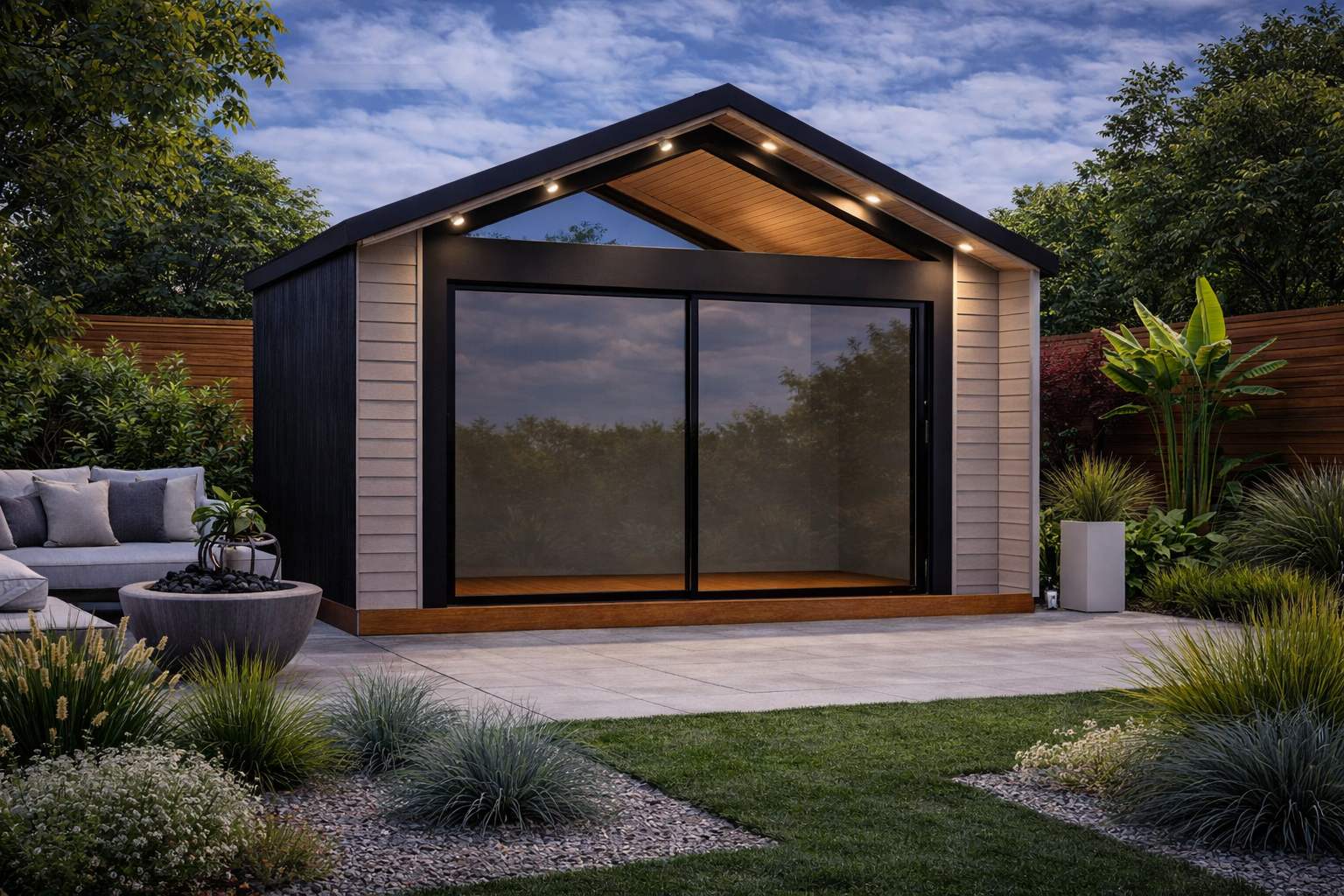 Aera 120.2 backyard studio at dusk